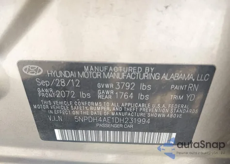 2013 Hyundai Elantra Gls из США, поврежденный, VIN 5NPDH4AE1DH231994